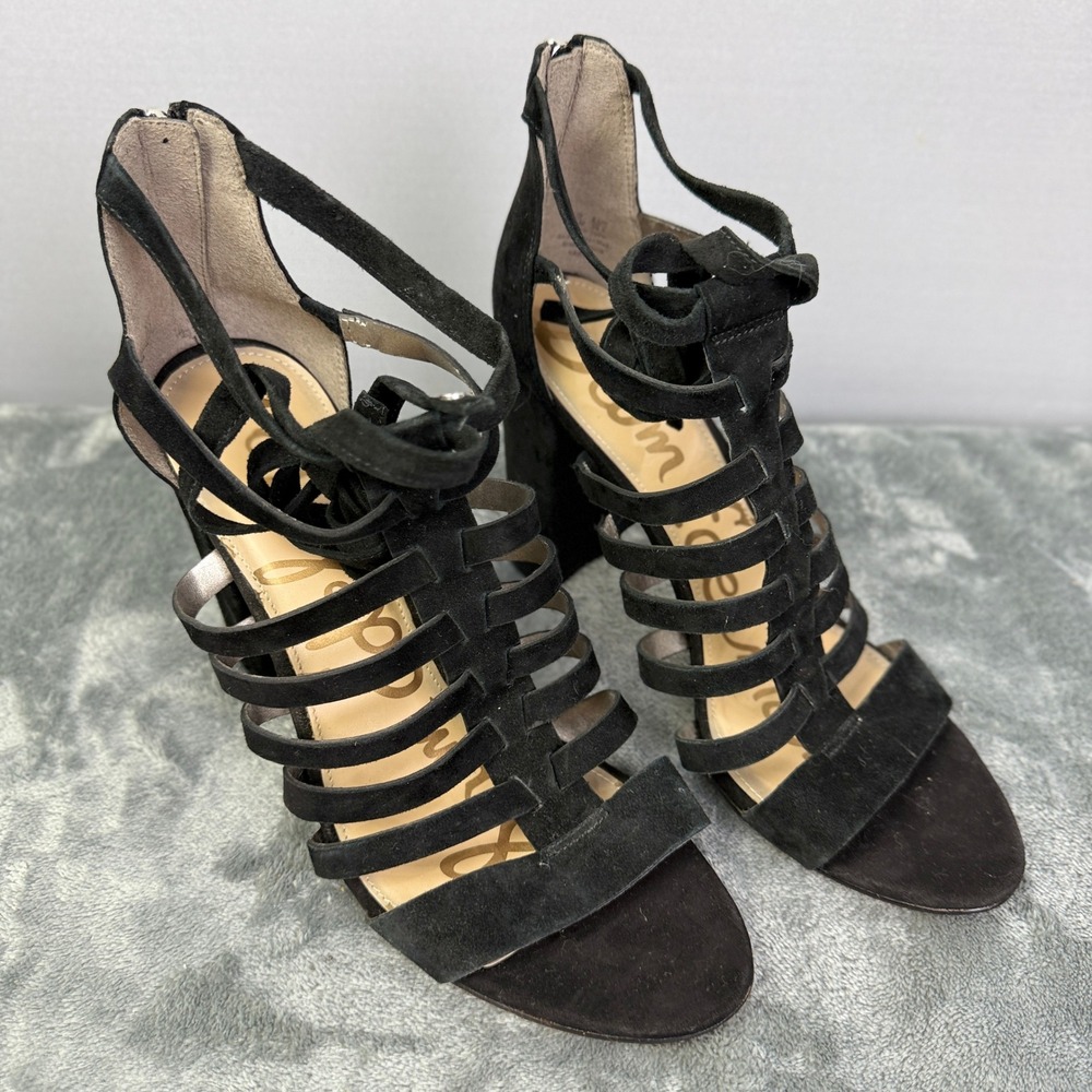 Sam Edelman YARINA Black Suede Strappy Gladiator Block Heel Sandals US 9.5M